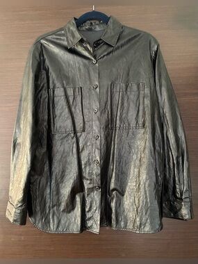 Made in Korea Faux Leather Button Down Shirt Black Size M-L